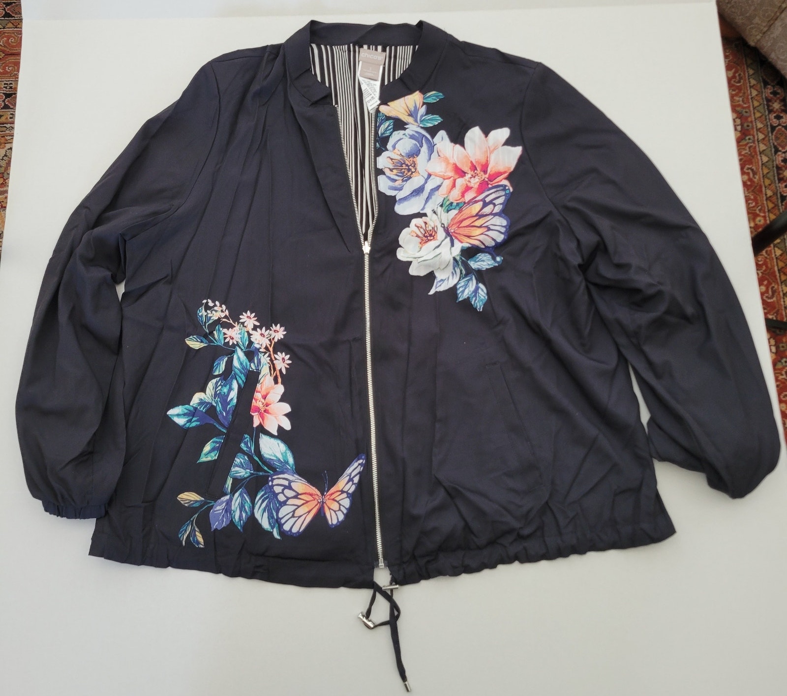 Chicos 3 (Xl) Reversible Butterfly Floral Jacket Black Stripe Bomber Windbreaker